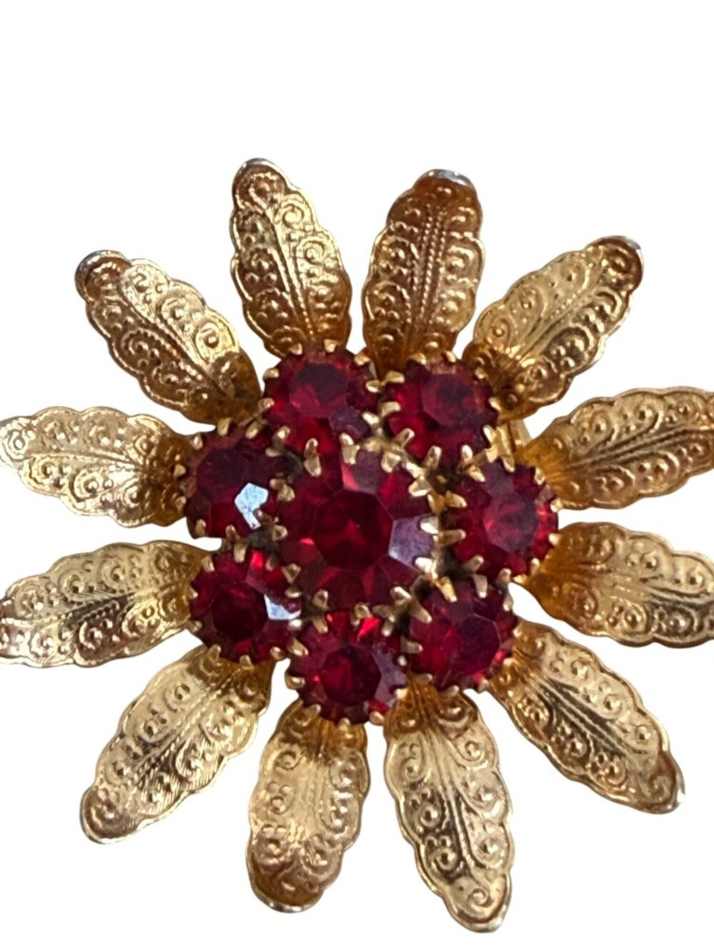Vintage Bright Gold-Tone Floral Brooch Red Rhinestone Accents Ornate 2" - Picture 5 of 6